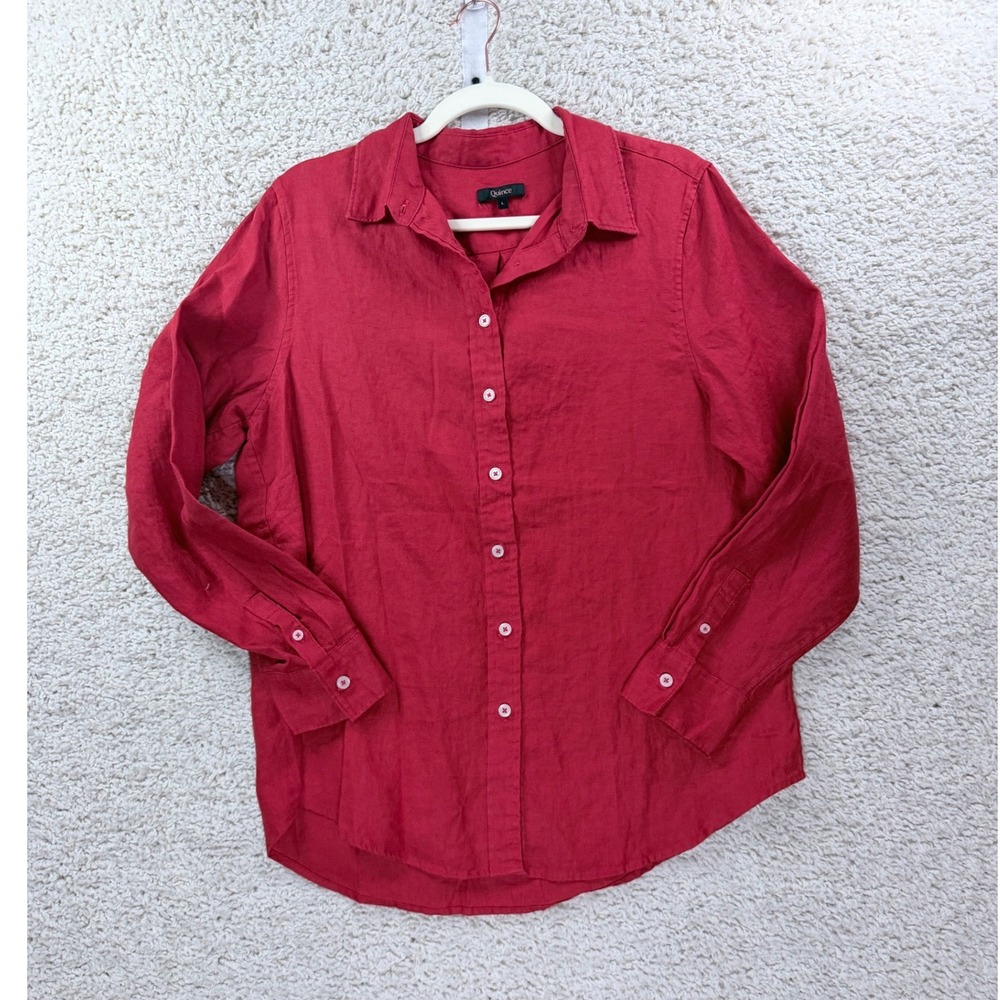 Womens Large Quince Shirt Linen Red Orange Long Sleeve Button Down Coastal Boho